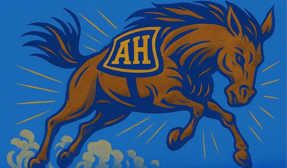 Painted Alamo Heights mule mascot mural in school blue and gold