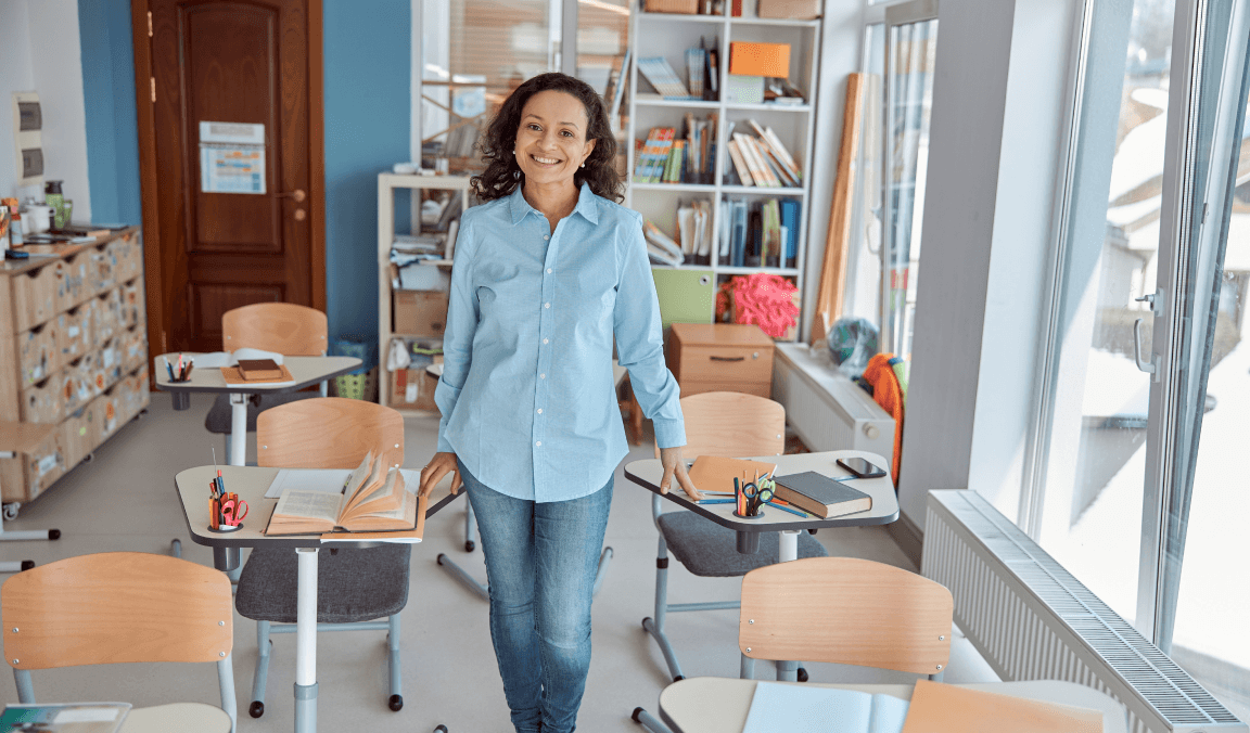 A teacher standing among the desks in her Alamo Heights classroom