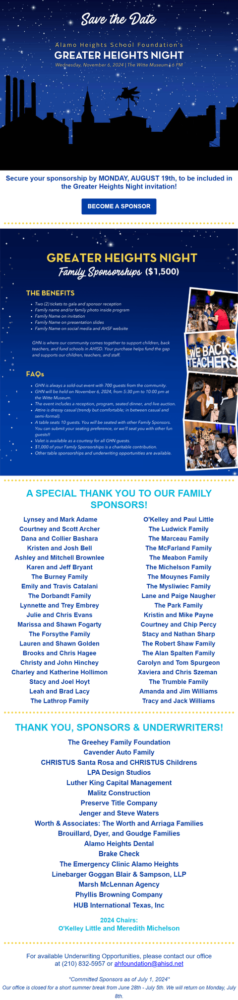 Become a Family Sponsor for Greater Heights Night!