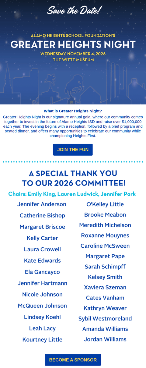 Save the Date for Greater Heights Night! Secure your sponsorship TODAY!