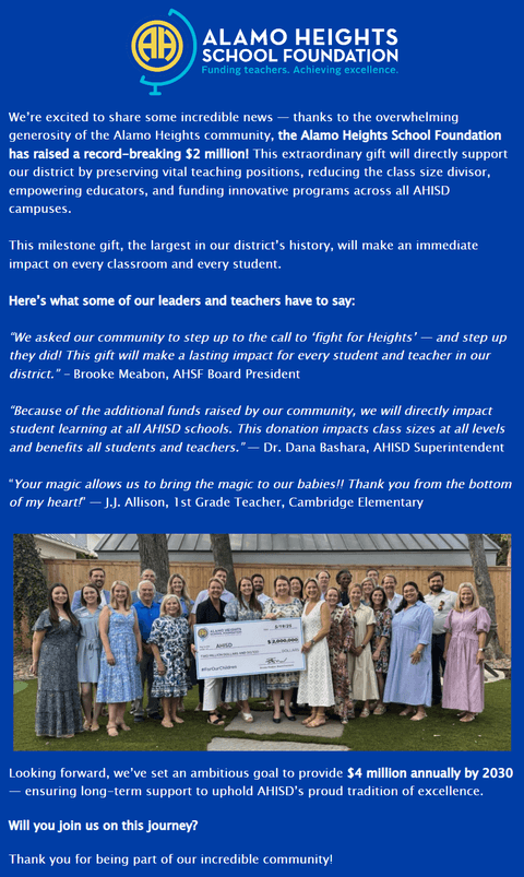 $2 MILLION TO AHISD! THANK YOU, DONORS!