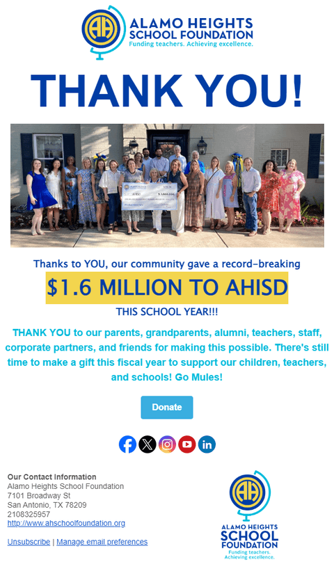 Thank You, Donors! $1.6 Million to AHISD!