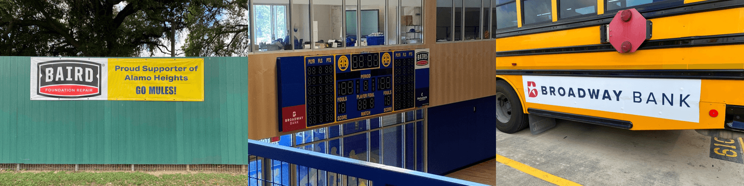 Corporate partner signage at Alamo Heights athletic venues and on district buses