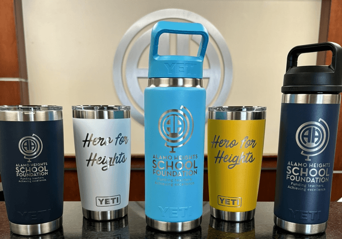 Heroes for Heights appreciation tumblers in Mules blue and gold