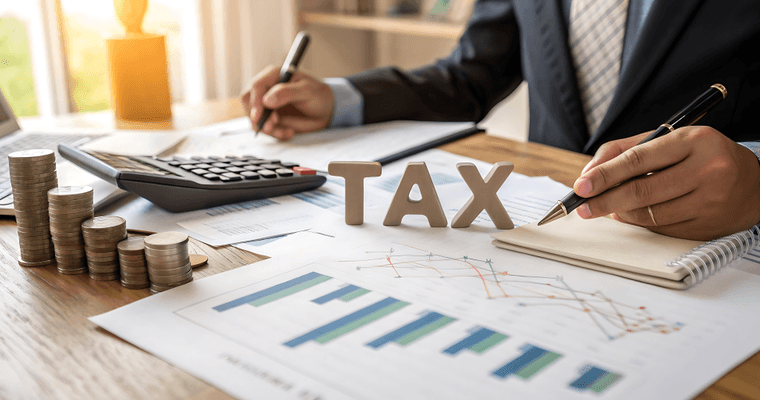 Tax planning documents and a calculator on a desk